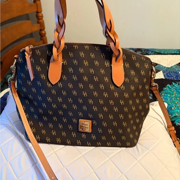 Dooney & Bourke Black and Tan Monogram Satchel - Picture 1 of 4